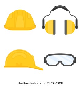 personal protective equipment for industrial security, safety glasses, helmet, ear muffs in flat design vector