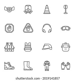 Personal protective equipment line icons set, outline vector symbol collection, linear style pictogram pack. Signs logo illustration. Set includes icons as safety vest, gas mask, hard hat, shoes, suit