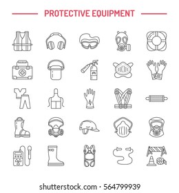 Personal protective equipment line icons. Gas mask, ring buoy, respirator, bump cap, ear plugs and safety work garment. Health protection thin linear signs.