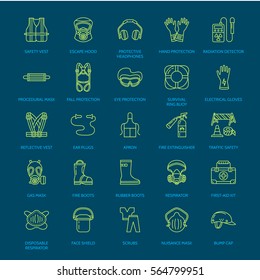 Personal protective equipment line icons. Gas mask, ring buoy, respirator, bump cap, ear plugs and safety work garment. Health protection thin linear signs.