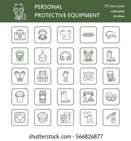 Personal protective equipment line icons. Gas mask, ring buoy, respirator, bump cap, ear plugs and safety work garment. Health protection thin linear signs