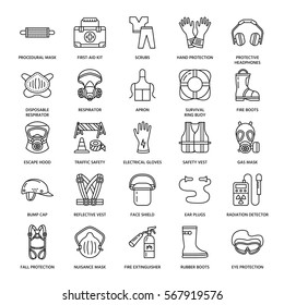 Personal protective equipment line icons. Gas mask, ring buoy, respirator, bump cap, ear plugs and safety work garment. Health protection thin linear signs.