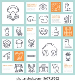 Personal protective equipment line icons. Gas mask, ring buoy, respirator, bump cap, ear plugs and safety work garment. Health protection thin linear signs.