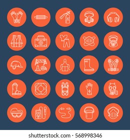 Personal protective equipment line icons. Gas mask, ring buoy, respirator, bump cap, ear plugs and safety work garment. Health protection thin linear signs.