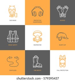 Personal protective equipment line icons. Gas mask, headphones, respirator, bump cap, ear plugs and safety work garment. Health protection thin linear signs.