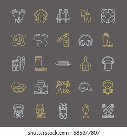 Personal protective equipment line icons. Gas mask, ring buoy, respirator, bump cap, ear plugs and safety work garment. Health protection thin linear signs.