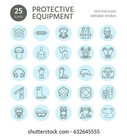 Personal protective equipment line icons. Gas mask, ring buoy, respirator, bump cap, ear plugs and safety work garment. Health protection thin linear signs.