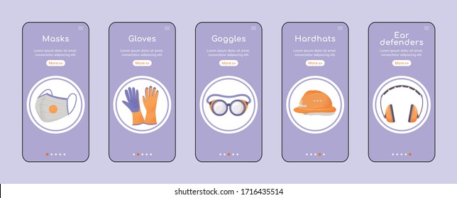 Personal protective equipment onboarding mobile app screen flat vector template. Hand and head protection. Walkthrough website steps. UX, UI, GUI smartphone cartoon interface, case prints set