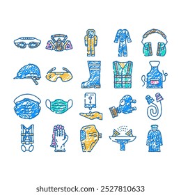 personal protective equipment ppe doodle icons set vector. sketch line art safety mask, medical doctor, hospital virus, health, glasses disease, construction personal protective color illustrations