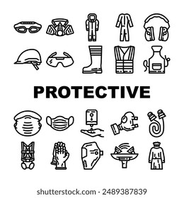 personal protective equipment ppe icons set vector. safety mask, medical doctor, hospital virus, health, glasses disease, construction personal protective equipment ppe black contour illustrations