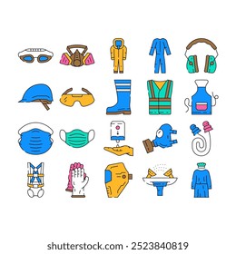 personal protective equipment ppe icons set vector. safety mask, medical doctor, hospital virus, health, glasses disease, construction personal protective equipment ppe color Contour Illustrations