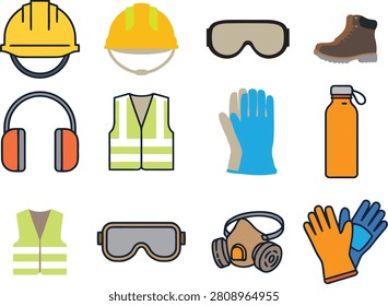 Personal protective equipment PPE vector set: hard hat, goggles, ear muffs, vest, gloves, boots, mask.