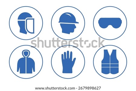 Personal protective equipment (PPE) vector icon set for industrial safety signage based on OSHA and ISO norms. Includes face shield, hat, helmet, vest, goggle, gloves, uniform, eye guard symbols