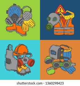 Persönliche Schutzausrüstung für sichere Arbeit, Vektorgrafik. Großer Verkauf auf dem Banner für Gesundheits- und Sicherheitsgüter. Bestes Angebot an Handschuhen, Helm, Brille, Schutzgasmaske.