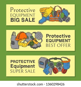 Personal protective equipment for safe work vector illustration. Big sale on health and safety supplies set of banners. Best offer of gloves, helmet, glasses, protection mask.