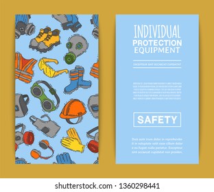 Personal protective equipment for safe work vector illustration. Big sale on health and safety supplies pattern. Best offer of gloves, helmet, glasses, protection gas mask.