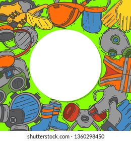 Personal protective equipment for safe work vector illustration. Big sale on health and safety supplies round pattern. Best offer of gloves, helmet, glasses, protection gas mask.