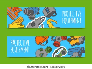 Personal protective equipment for safe work vector illustration. Big sale on health and safety supplies set of banners. Best offer of gloves, helmet, glasses, protection gas mask.