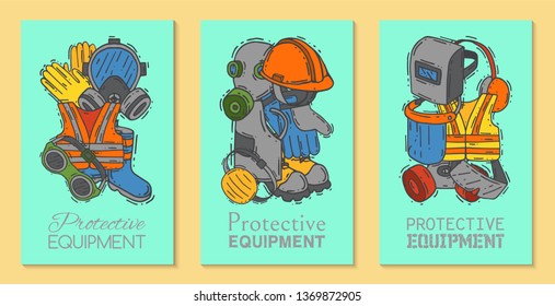 Personal protective equipment for safe work vector illustration. Big sale on health and safety supplies set of banners. Best offer of gloves, helmet, glasses, protection gas mask.