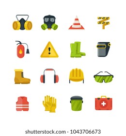 Personal protective equipment for safety and security work flat vector icons. Safety equipment and protection in color style illustration