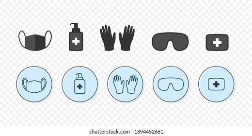 Personal protective equipment. Save yourself from viruses. Medical mask, latex gloves, soap, dispenser, protective glasses. Protective accessories. Vector illustration