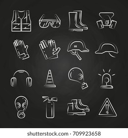 Personal protective equipment thin line icons on chalkboard design. Vector illustration