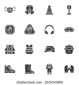 Personal protective equipment vector icons set, modern solid symbol collection, filled style pictogram pack. Signs logo illustration. Set includes icons as safety vest, gas mask, hard hat, shoes, suit