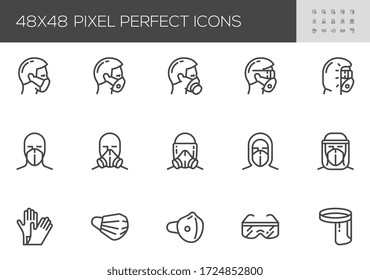 Personal Protective Equipment Vector Line Icons. PPE for Infection Control. Medical Protective Clothing, Gloves, Face Shield, Goggle, Facemask. Editable Stroke. 48x48 Pixel Perfect.