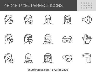 Personal Protective Equipment Vector Line Icons. PPE for Infection Control. Medical Protective Clothing, Gloves, Face Shield, Goggle, Facemask. Editable Stroke. 48x48 Pixel Perfect.