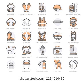 Personal protective equipment vector line icons. Gas mask, worker helmet, respirator, bump cap, ear plugs and safety work garment. Health protection thin linear signs. Orange color. Editable Stroke