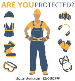 Personal Protective Equipment and Wear set. Will be use for Occupational Safety and Health poster, sign and postcard