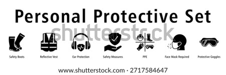 Personal Protective Set banner with Boots, Vest, Ear Protection, Safety Measures, PPE, Mask Requirement, and Goggles.