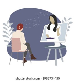 Personal psychology helpline, conversation and consultation, psychoanalysis discussion, online individual treatment against phobia, remote support mind. Vector illustration, mental rehabilitation