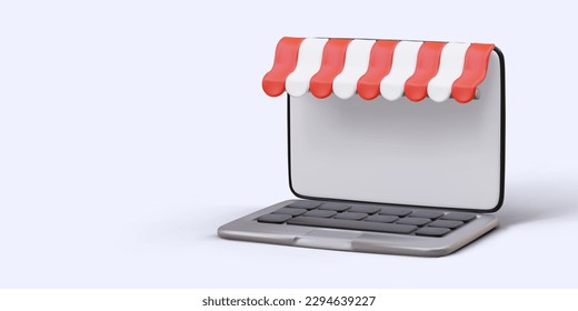 Personal purchases via Internet. Realistic image of laptop from side with store striped canopy. 3D symbol of modern online shopping. Template for advertising. Illustration in plasticine cartoon style