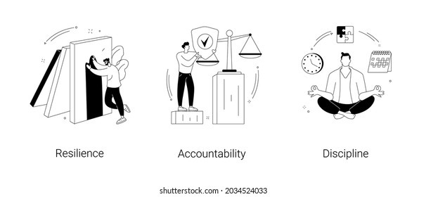 Personal quality abstract concept vector illustration set. Resilience, accountability and discipline, mental strength, psychological flexibility, decision making, leadership role abstract metaphor.