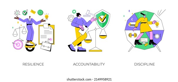 Personal quality abstract concept vector illustration set. Resilience, accountability and discipline, mental strength, psychological flexibility, decision making, leadership role abstract metaphor.