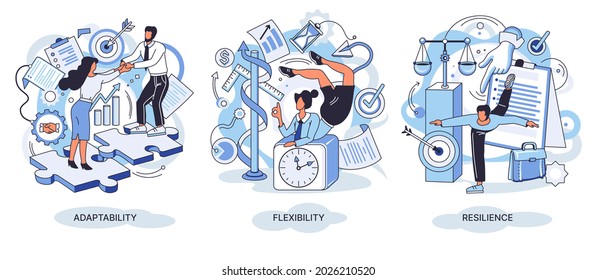 Personal quality concept creative metaphor set. Adaptability, flexibility and resilience, mental strength, psychological suppleness, decision making, leadership role, personal development metaphors