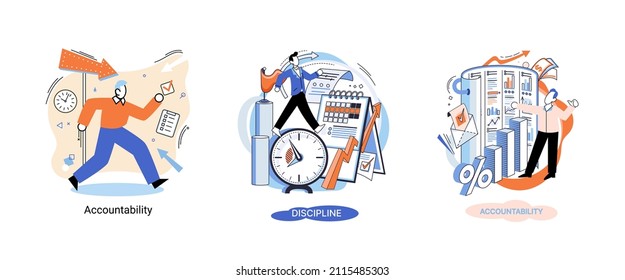 Personal quality concept creative metaphors set. Confidence, accountability and discipline, mental strength, psychological flexibility, decision making, leadership role, personal development