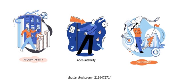 Personal quality concept creative metaphors set. Confidence, accountability and discipline, mental strength, psychological flexibility, decision making, leadership role, personal development