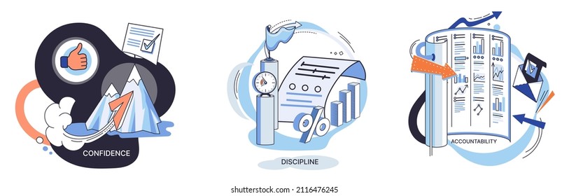 Personal quality concept creative metaphors set. Confidence, accountability and discipline, mental strength, psychological flexibility, decision making, leadership role, personal development