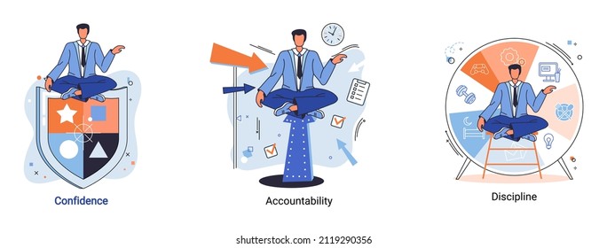 Personal quality concept creative metaphors set. Confidence, accountability and discipline, mental strength, psychological flexibility, decision making, leadership role, personal development