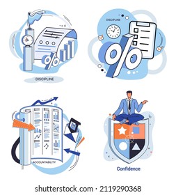 Personal quality concept creative metaphors set. Confidence, accountability and discipline, mental strength, psychological flexibility, decision making, leadership role, personal development