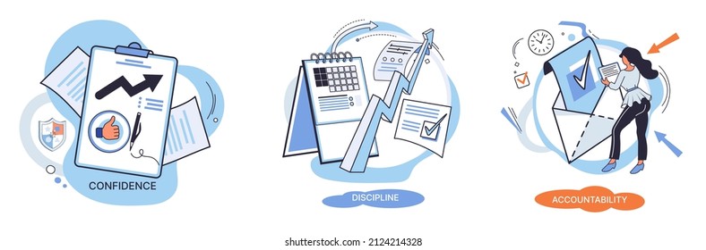 Personal quality concept creative metaphors set. Confidence, accountability and discipline, mental strength, psychological flexibility, decision making, leadership role, personal development