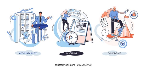 Personal quality concept creative metaphors set. Confidence, accountability and discipline, mental strength, psychological flexibility, decision making, leadership role, personal development