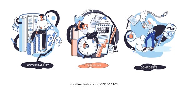 Personal quality concept creative metaphors set. Confidence, accountability and discipline, mental strength, psychological flexibility, decision making, leadership role, personal development