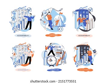 Personal quality concept creative metaphors set. Confidence, accountability and discipline, mental strength, psychological flexibility, decision making, leadership role, personal development