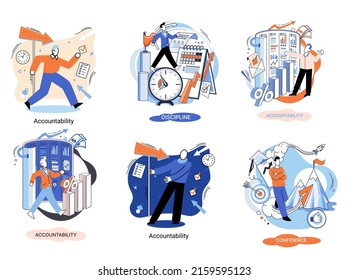 Personal quality concept creative metaphors set. Confidence, accountability and discipline, mental strength, psychological flexibility, decision making, leadership role, personal development