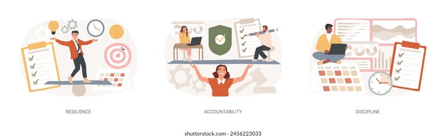 Personal quality isolated concept vector illustration set. Resilience, accountability and discipline, mental strength, psychological flexibility, decision making, leadership role vector concept.