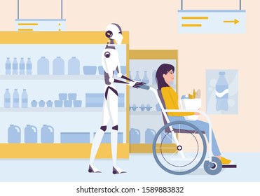 Personal Robot For Disabled People Assistance. AI Helps People In Their Life. Young Disabled Character Sitting In A Wheelchair. Woman On Wheelchair Shopping. Vector Illustration In Cartoon Style