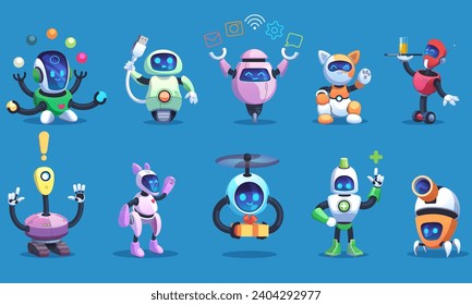 Personal robot. Happy cartoon character. Plastic robot toy. Modern children automaton. Innovation robotics. Digital cybernetic technology. Artificial intelligence. Cute friendly androids vector set